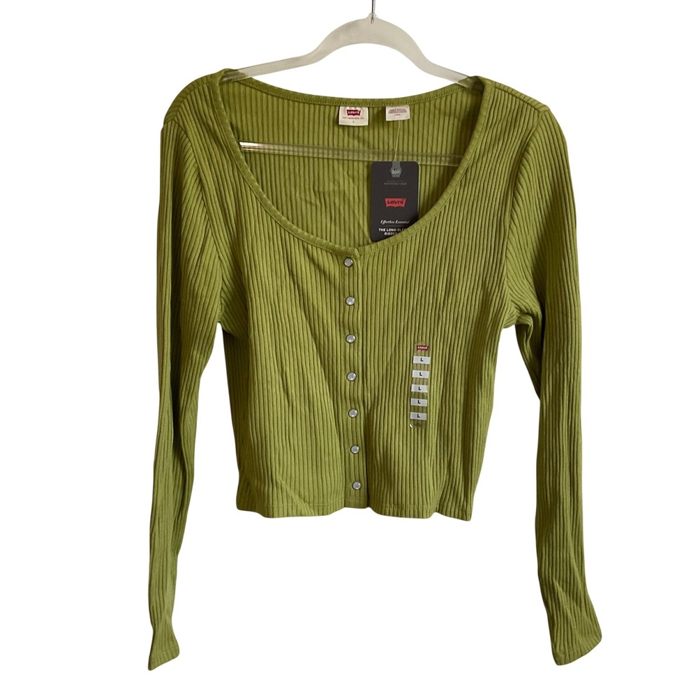 Levi's Women's Green Ribbed Pearl Snap Long Sleeve Top - Size Large - NEW